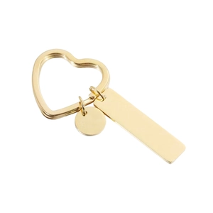 Polished gold stainless steel heart keychain with engravable rectangular and round tags