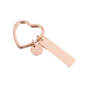 Minimalist rose gold stainless steel keychain with heart ring and rectangular tag pendant