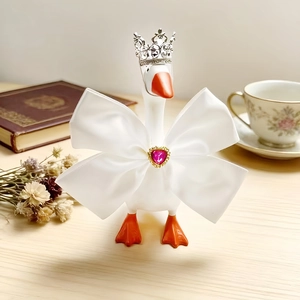 7-inch mini goose figurine with silver crown and pink heart jewel for pet party decor