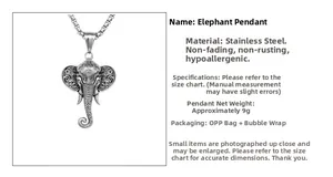 Detailed close-up of retro stainless steel elephant head pendant with 3D carved textures
