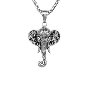 Vintage stainless steel elephant pendant necklace with punk style engraved textures