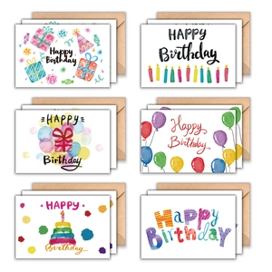 Detailed view of six watercolor Happy Birthday card designs with kraft envelopes