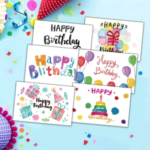 Set of 6 Happy Birthday cards with festive hand-drawn cake and balloon designs