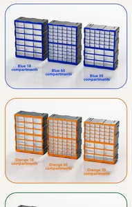 Vista frontale di organizer a cassetti in plastica blu e arancione con 18, 39 e 60 scomparti