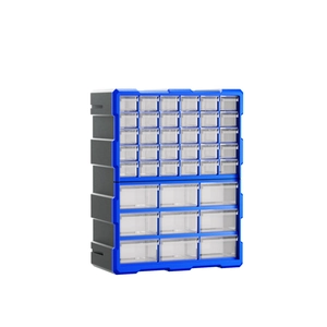 Cassettiera blu con 39 cassetti trasparenti per viti e minuteria di ferramenta