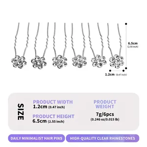 Set of 6 minimalist bridal hair pins with rhinestone flower motifs in silver metal