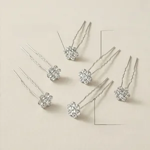 Set of 6 silver bridal hair pins with shimmering rhinestone flowers and non-slip U-shape pins
