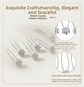 Detail of 6pcs rhinestone flower hairpins with wavy U-shaped alloy base for hair styling
