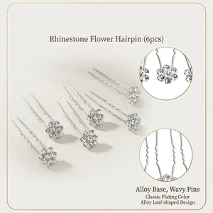 Set of 6 silver bridal hair pins with rhinestone flower design and wavy pins