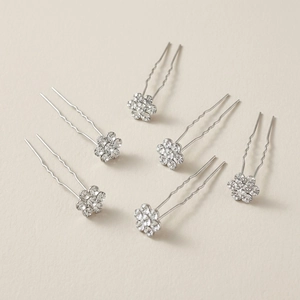 Set of 6 silver bridal hair pins with minimalist rhinestone flower design for wedding styles