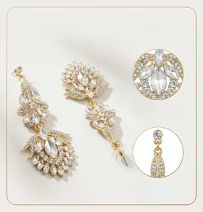 Close-up of dangling flower earrings with premium crystals and gold plating detail