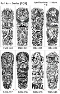Detailed view of 8 waterproof full arm temporary tattoo stickers with lion and rose designs