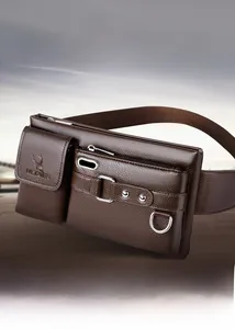 Detailed close-up of dark brown microfiber leather waist bag with multi-pocket design