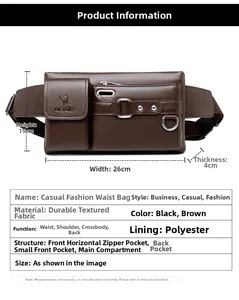 Detailed dimensions diagram of a brown PU leather waist bag showing size 26x15x4cm