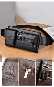 Detail of WEIXIER leather waist bag showing headphone port and multi-zipper pockets