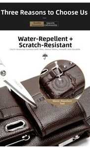 Waterproof and scratch-resistant dark brown litchi pattern leather waist bag detail