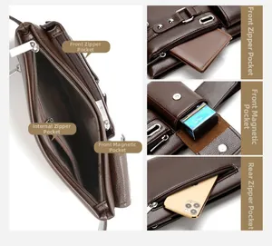 Detail view of brown PU leather sports waist bag with multiple functional zip pockets