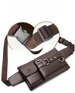 Close-up of adjustable buckle and durable strap on brown leather sports waist bag