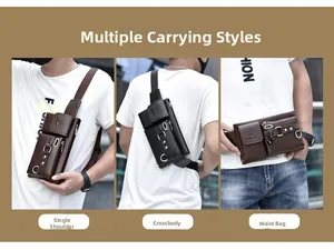 Multi-functional leather waist bag showing crossbody, shoulder, and waist carrying modes