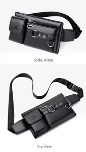 Side and top views of a black PU leather waist bag with adjustable strap and buckles