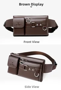 Detailed front and side view of a brown leather waist bag with multiple functional pockets