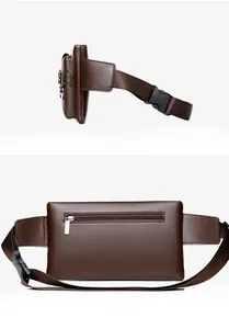 Detailed side and back view of a brown leather sports fanny pack with adjustable strap