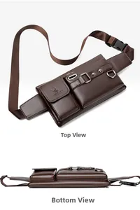 Top and bottom views of brown leather sports waist bag showing texture and buckle