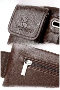 Close-up of dark brown textured leather bag with metal zipper and embossed logo