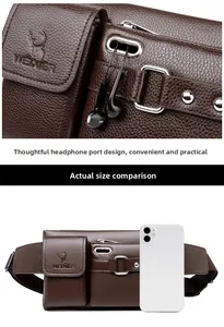 Detail of deep brown leather waist bag showing earphone port and phone size comparison
