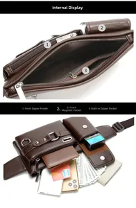 Detail of brown PU leather waist bag with multiple compartments for phone and wallet