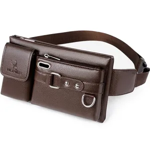 Men Waterproof PU Leather Waist Bag Multi-Pocket Crossbody Chest Bag With Headphone Hole Litchi Texture Outdoor Sports Pack