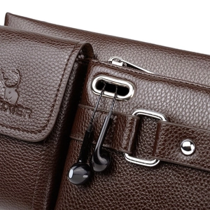 Dark brown lychee pattern leather sports waist bag with earphone hole and logo