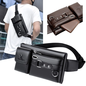 Men's versatile black and brown leather crossbody waist bag with adjustable strap