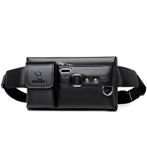 Black PU leather crossbody sports waist bag with silver hardware and adjustable strap