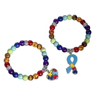 Rainbow natural stone yoga bracelet set with heart and puzzle ribbon charms for awareness