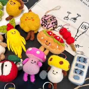 Collection of handmade wool felt fruit and vegetable charms with metal keyrings