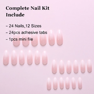 Detail view of pink almond press-on nails set with adhesive tabs and a mini file