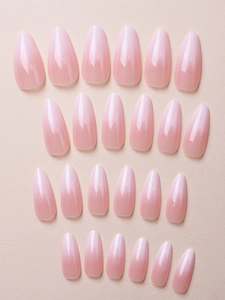 Close-up of 24 pieces long almond shape ombre pink gradient press-on nail set