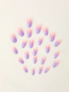 Macro view of 24pcs pink and purple gradient long coffin press-on nails set with glossy finish