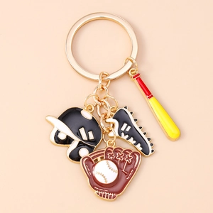 Detailed close-up of baseball themed keychain with enamel glove, bat, hat and shoe charms