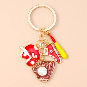 Detailed view of baseball themed keychain with helmet, glove, bat and cleat pendants