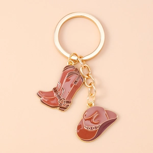 Détails de charms botte et chapeau de cowboy en émail sur porte-clés doré de style western