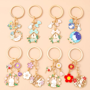 Cute Enamel Rabbit Cat Flower Keychain Gold Plated Alloy Rhinestone Animal Keyring Bag Charm Women Kids Fashion Jewelry Gift