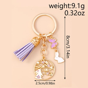 Detail shot of Chinese rabbit keychain with purple tassel and dimension labels in 80-100 characters