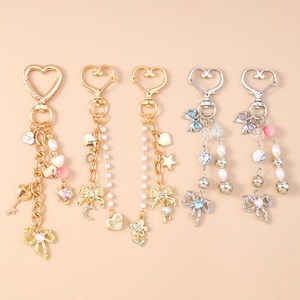 Sweet Heart Bow Artificial Pearl Beaded Keychain For Women Alloy Rhinestone Star Moon Flower Bag Charm Fashion Jewelry Gift