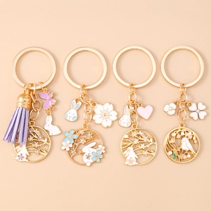 Japanese Style Enamel Rabbit Flower Bird Keychain Hollow Gold Alloy Key Ring Tassel Heart Pendant For Women Backpack Decor