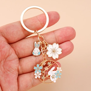 Japanese style rabbit and cherry blossom keychain with gold ring and enamel pendants