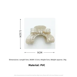 Detailed size chart for bow-shaped PVC hair claw with 9cm length and marble texture