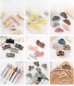 Detailed close-up showing various acrylic hair clips with leopard print and marble patterns