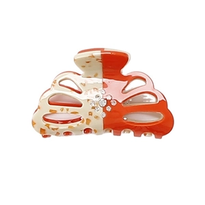 Hollow flower hair claw clip in orange and beige with sparkling rhinestones decoration